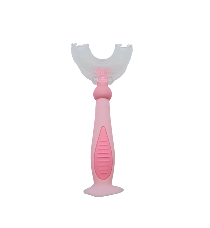 Pink and white dental tool on a white background
