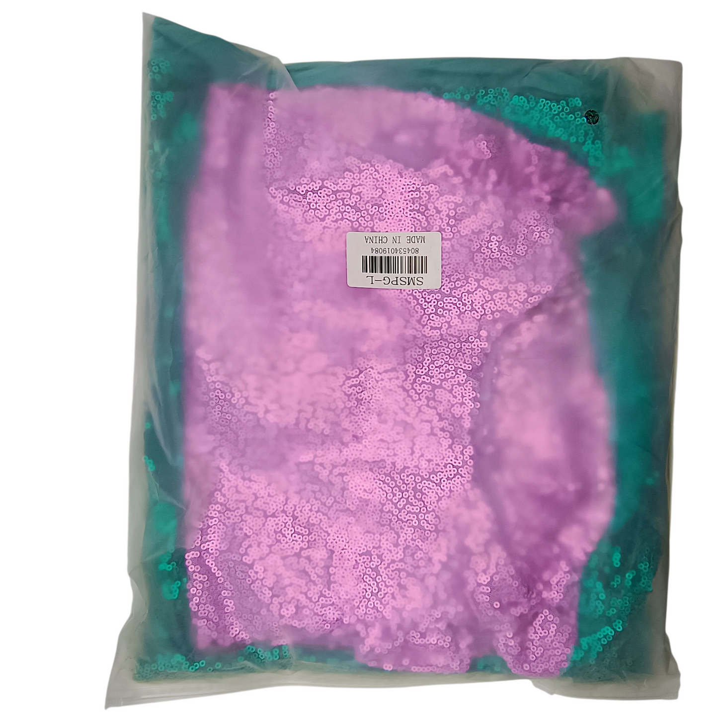 Purple fabric with sequins in a clear plastic bag on a white background