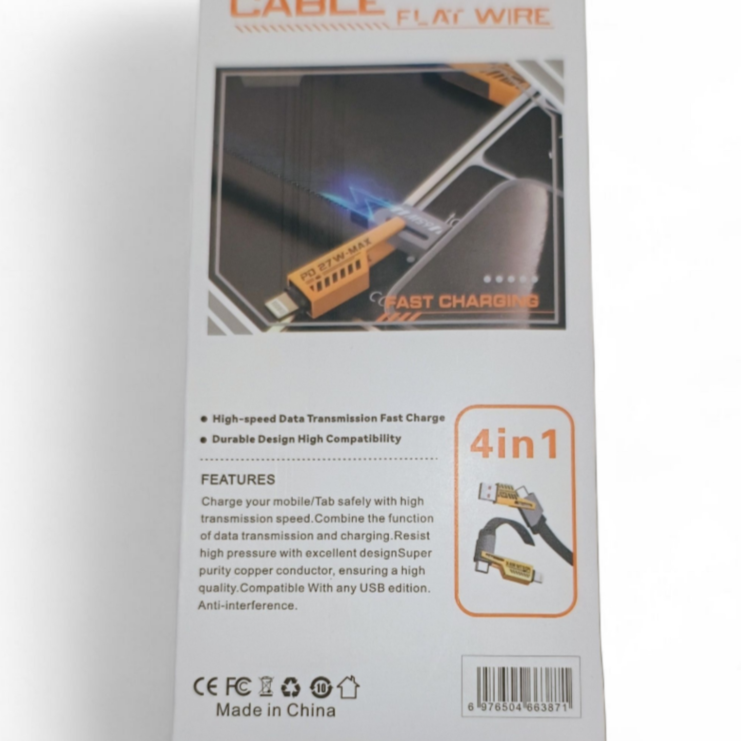 Box for a cable with flat wire and fast charging feature on a white background