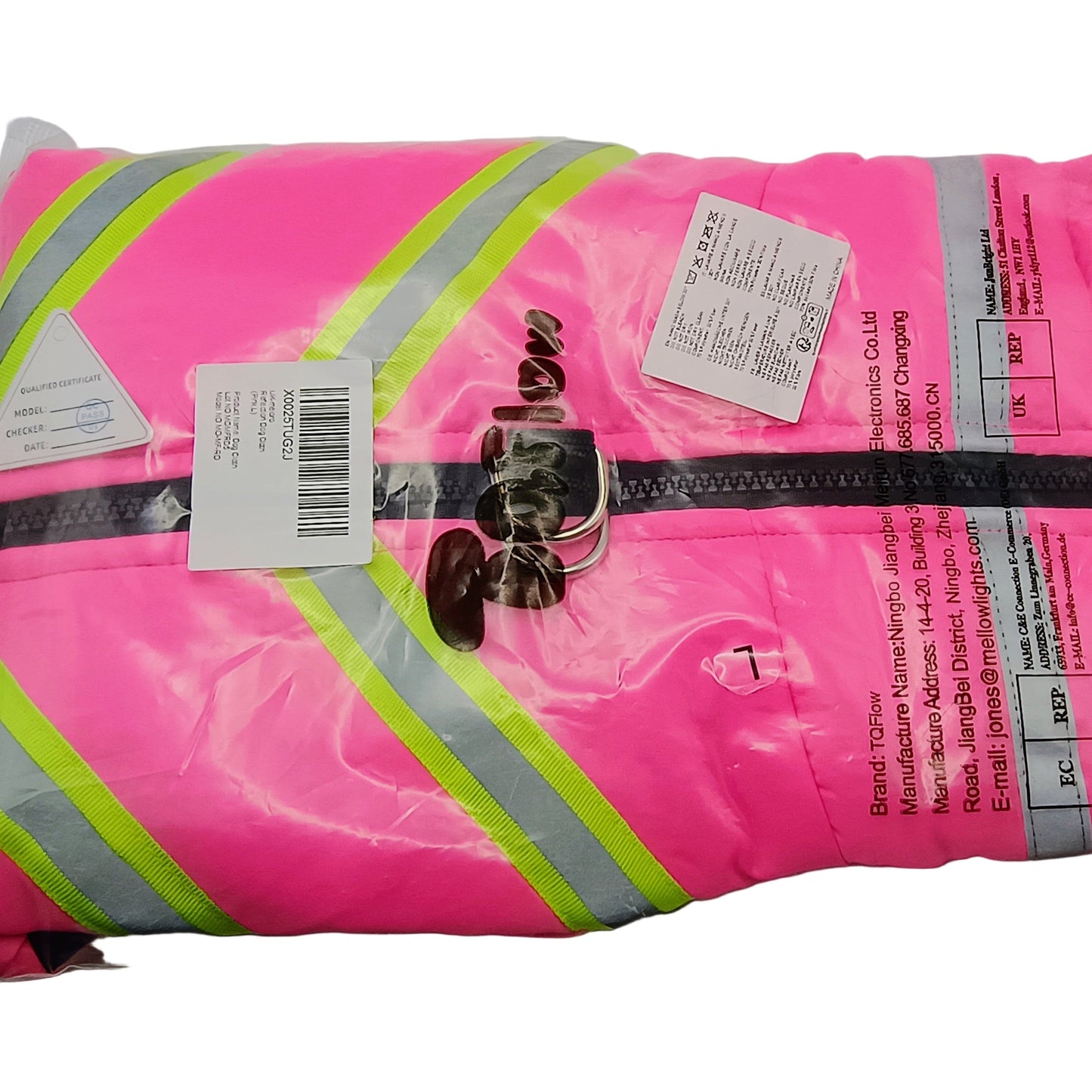 Pink safety jacket with reflective stripes and tags on a white background