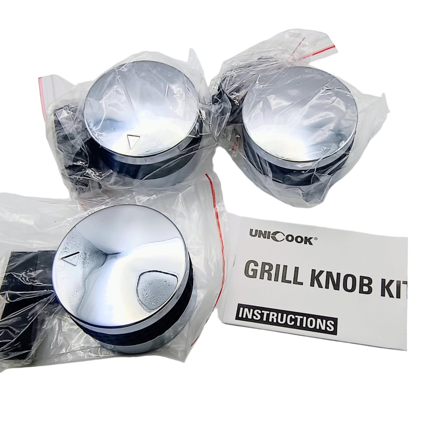 UNICOOK grill knob kit with three knobs and instructions on a white background