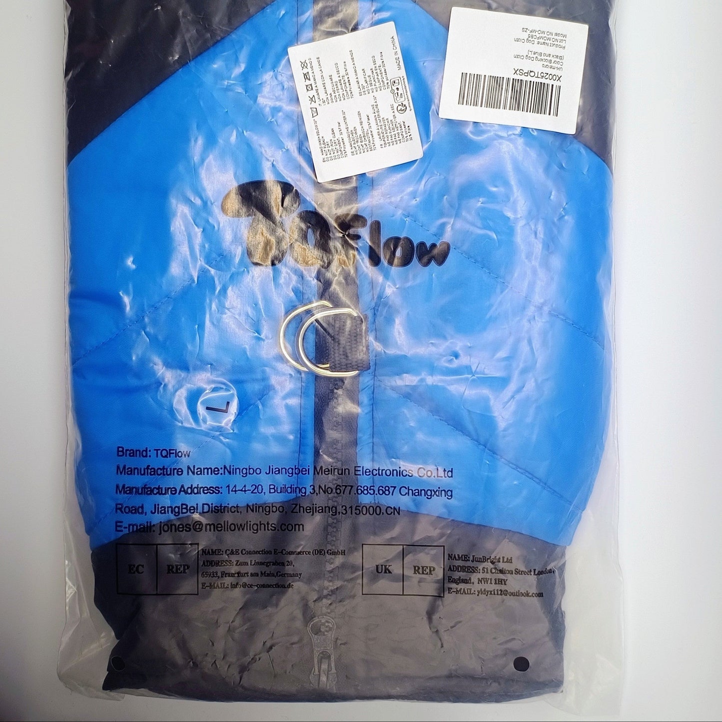 Packaged product with blue and gray design, featuring a brand label on a white background.