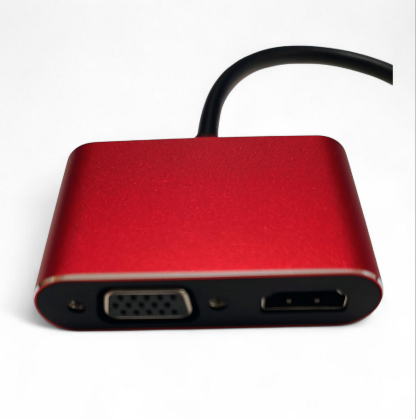 Red adapter with VGA and USB ports on a white background