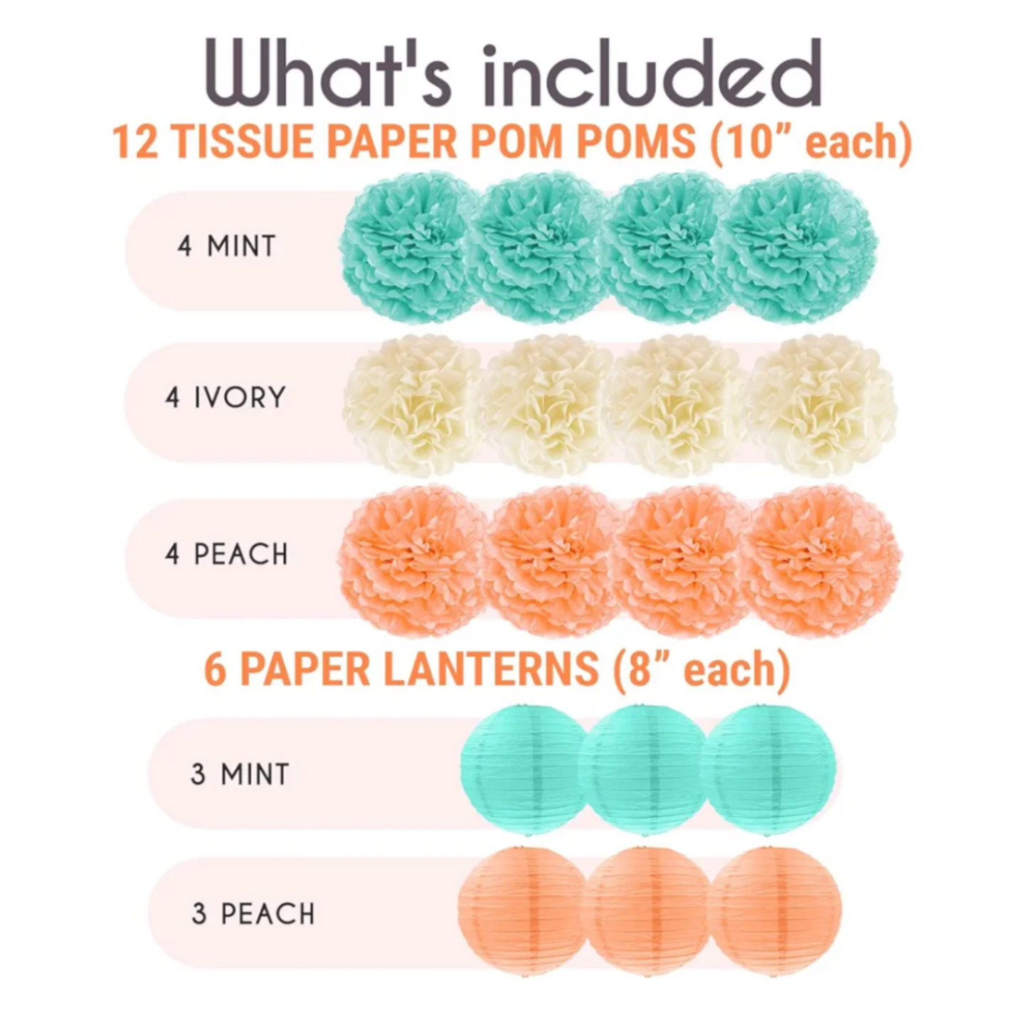 Product listing of tissue paper pom poms and paper lanterns with color and quantity information.