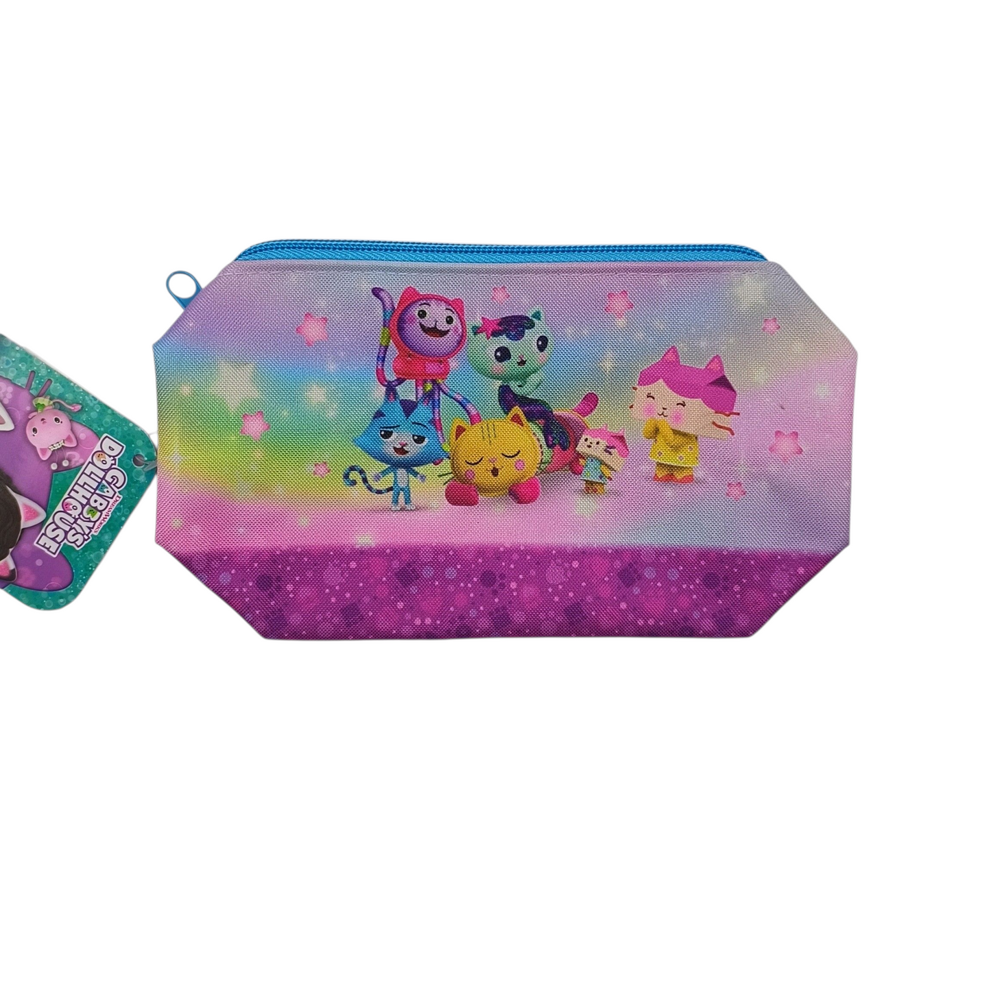 Colorful pencil case with cartoon characters on a white background