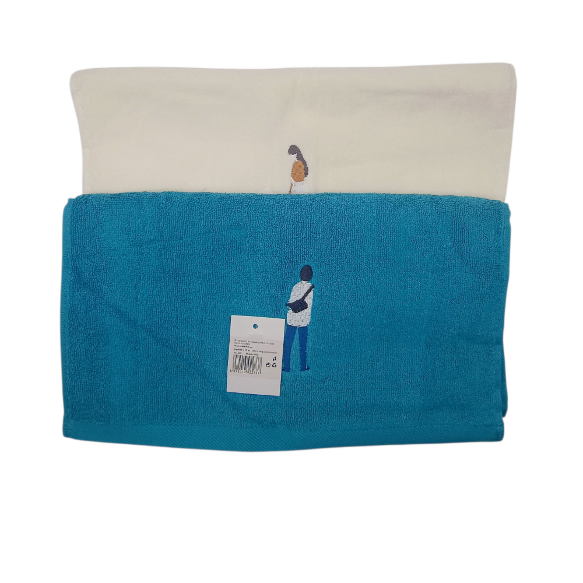 Two fabric panels, one beige and one blue, with embroidered figures on a white background.