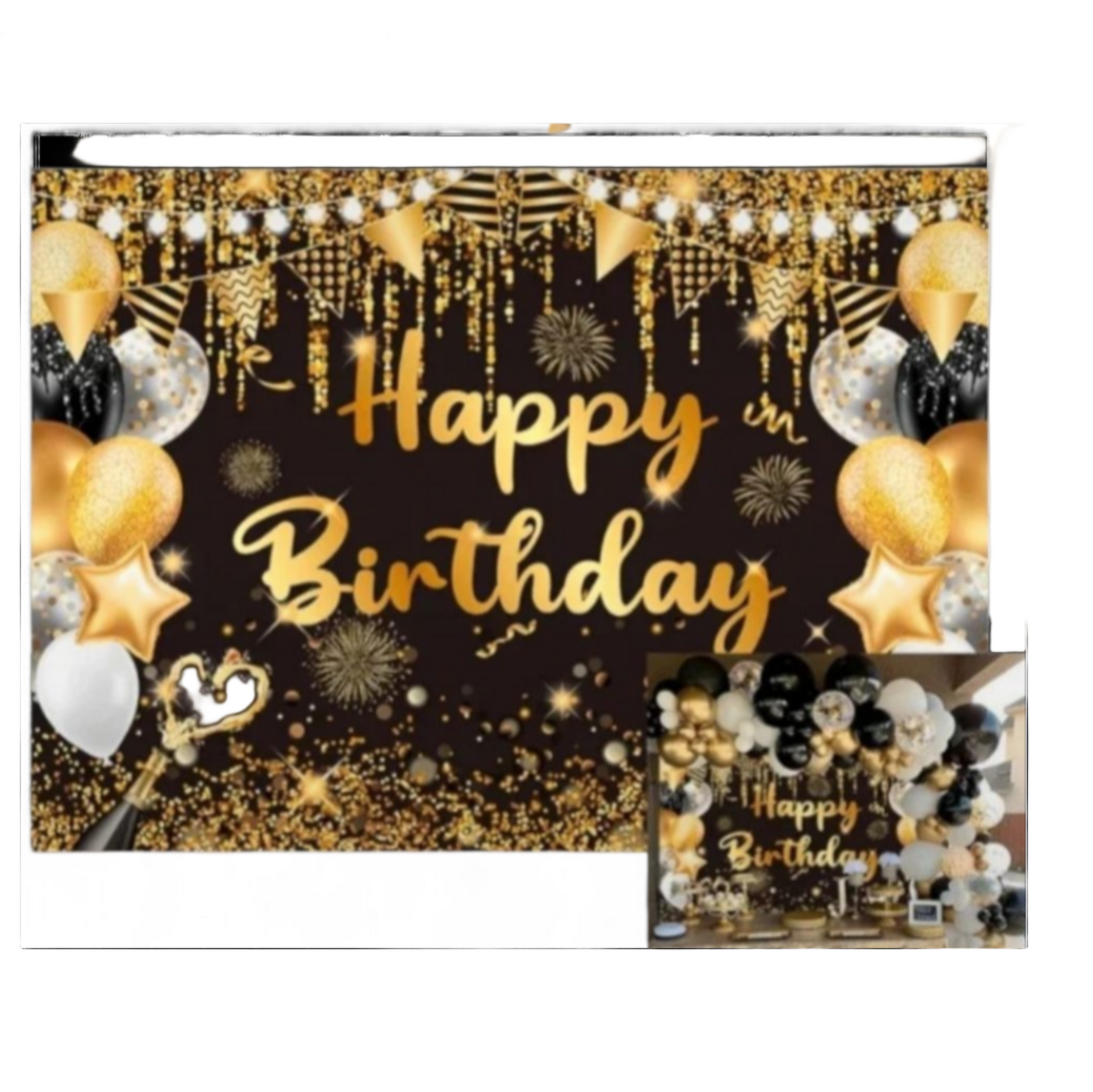 Decorative birthday banner with gold balloons and 'Happy Birthday' text on a black background.