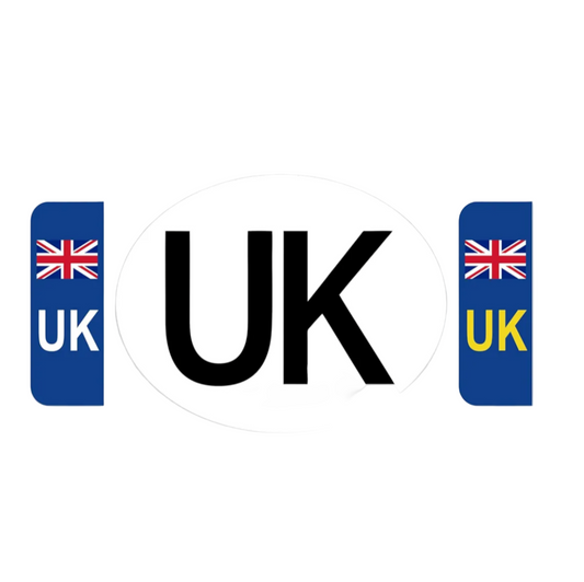 Three 'UK' logos with British flags on a white background