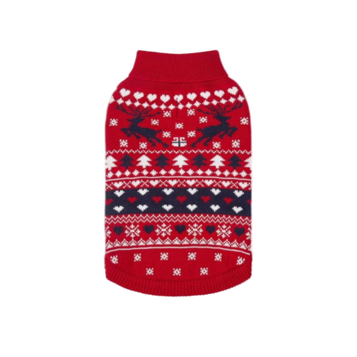 Red dog sweater with reindeer and snowflake pattern on a white background