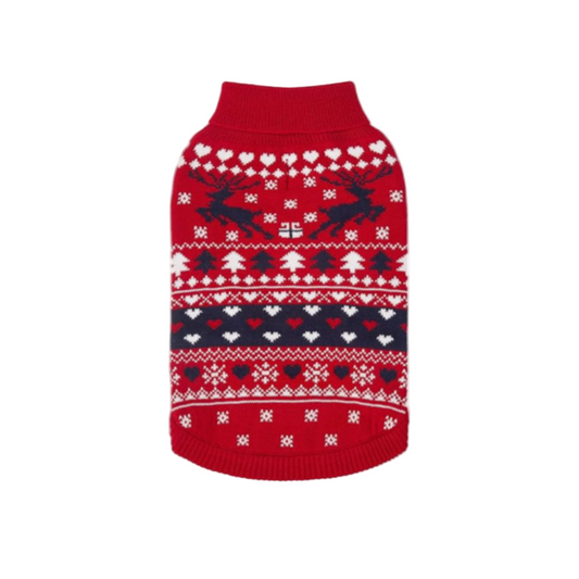Red dog sweater with reindeer and snowflake pattern on a white background