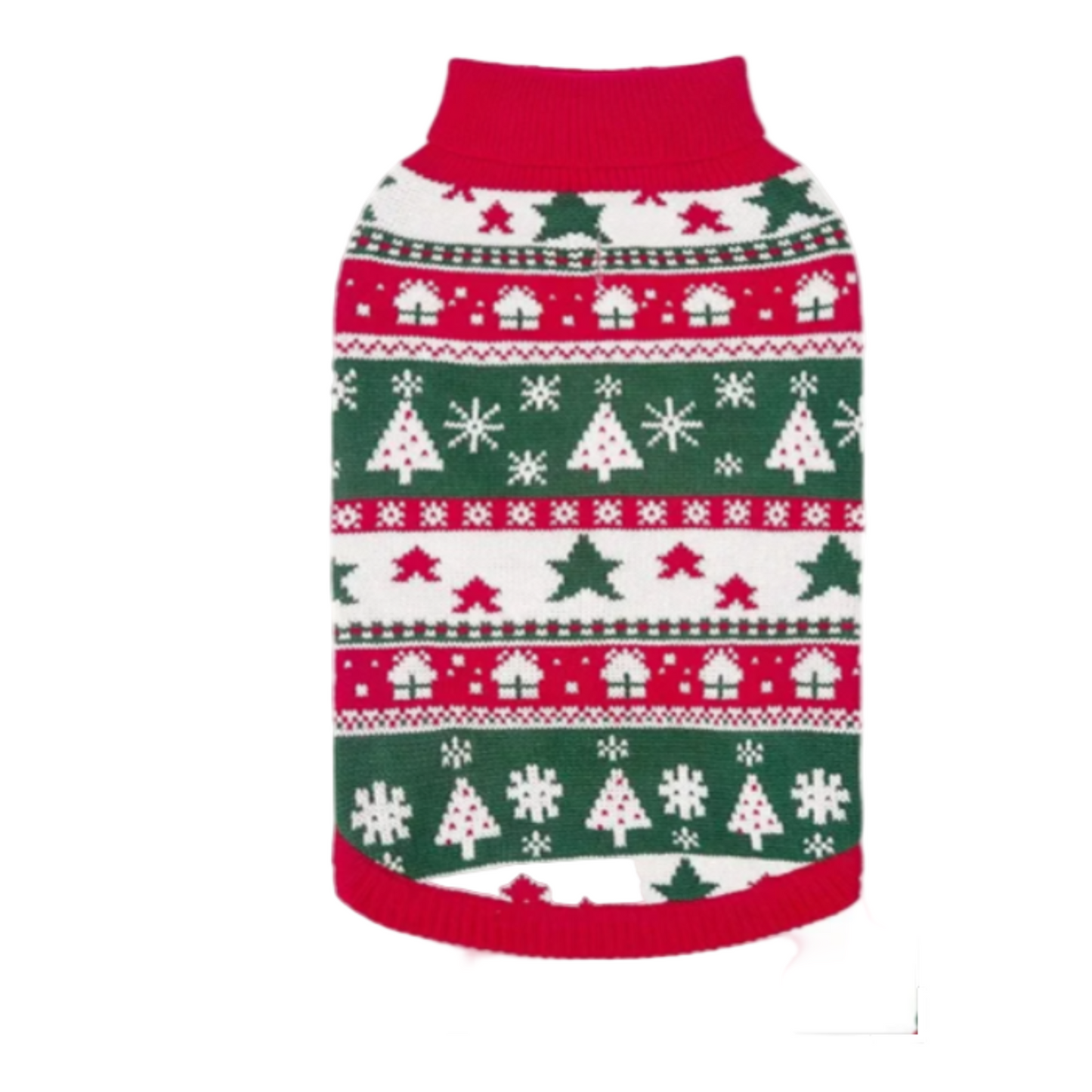 Christmas-themed dog sweater with red, green, and white pattern on a white background