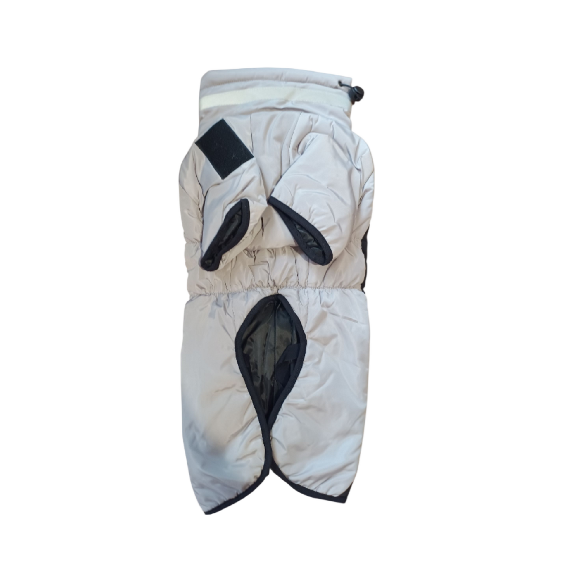 White quilted jacket with black accents on a white background