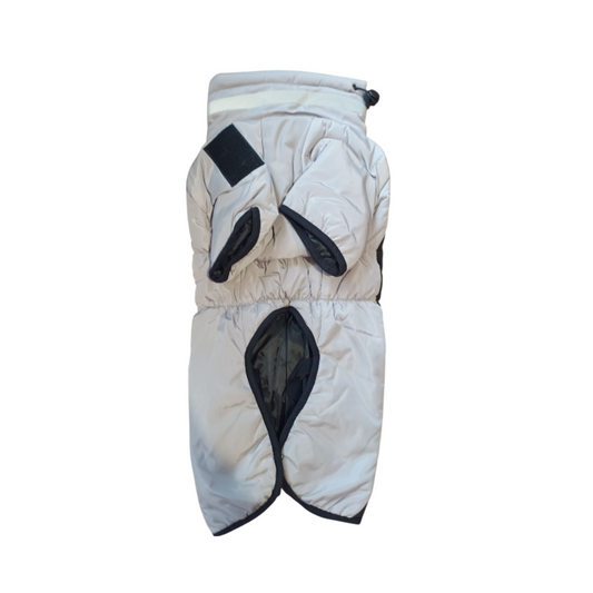 White quilted jacket with black accents on a white background