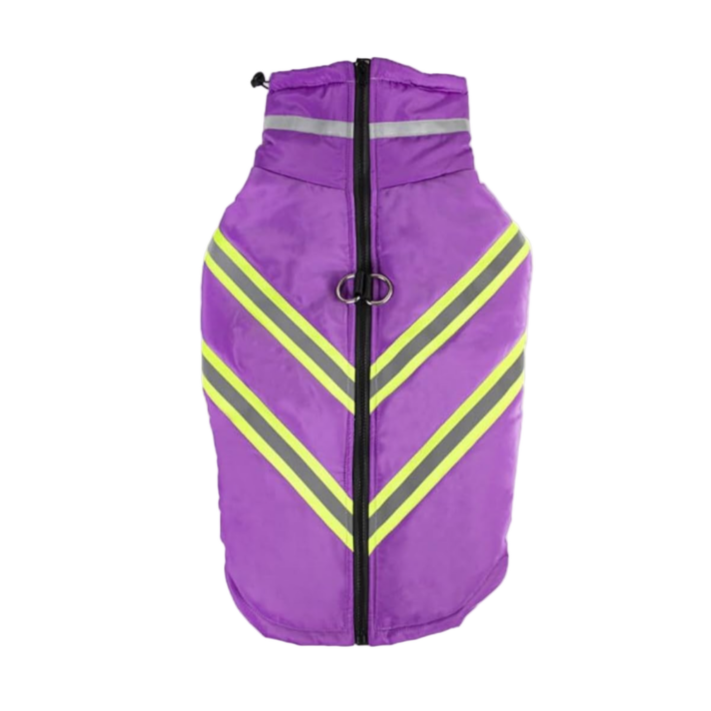Purple dog vest with reflective stripes on a white background