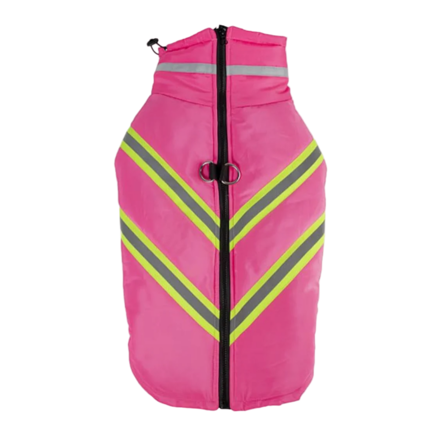 Pink dog vest with reflective stripes on a white background