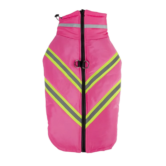 Pink dog vest with reflective stripes on a white background