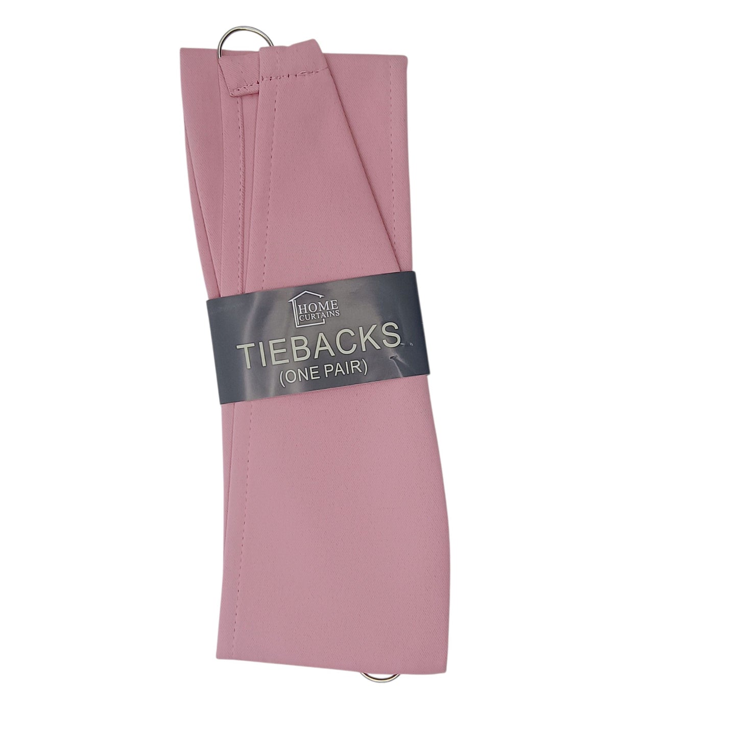 Pink tiebacks with a label on a white background