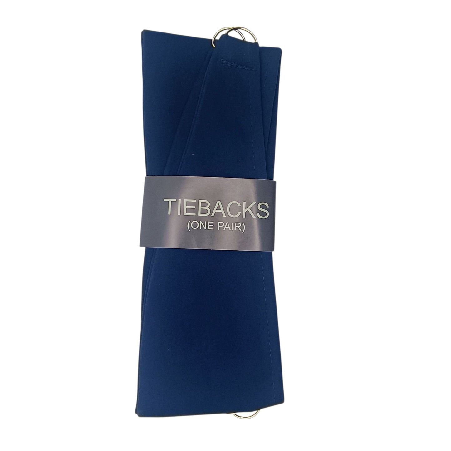 Folded navy blue tiebacks with a silver 'TIEBACKS (ONE PAIR)' label on a white background