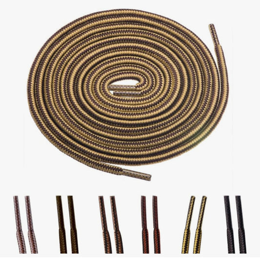 Coiled brown and black shoelace with individual lace strands displayed below on a white background