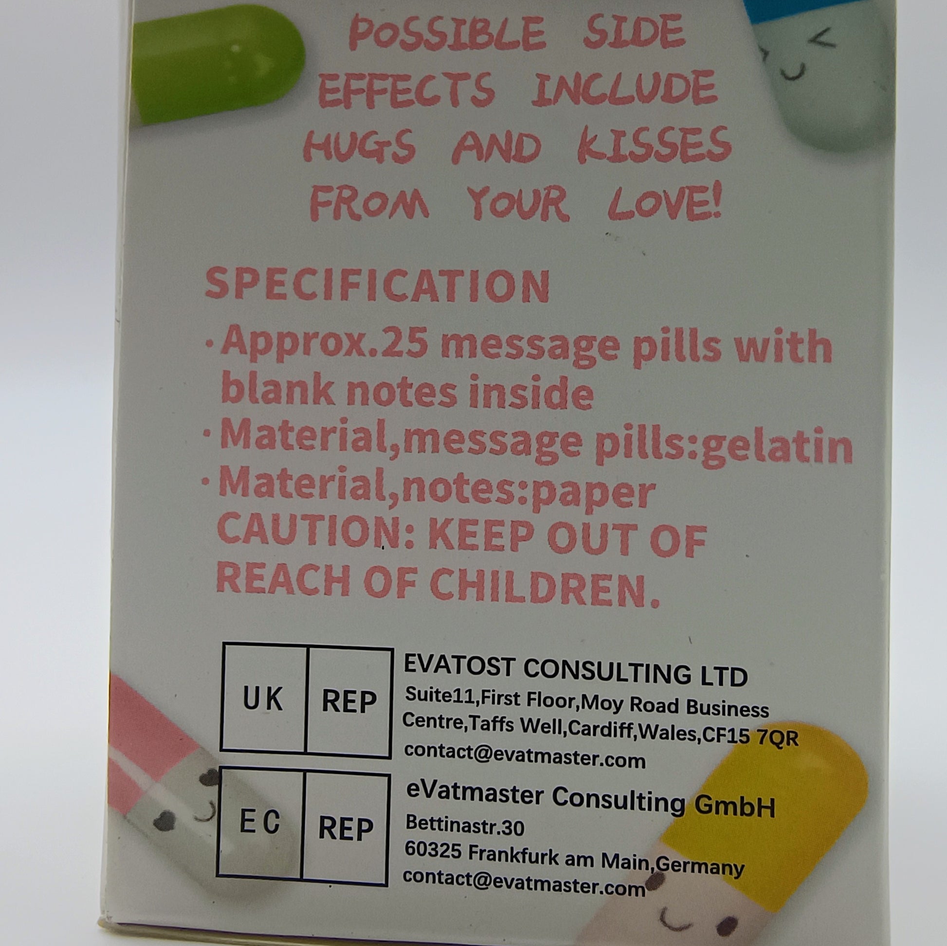 Product packaging with text about message pills and contact information for Evatost Consulting Ltd.