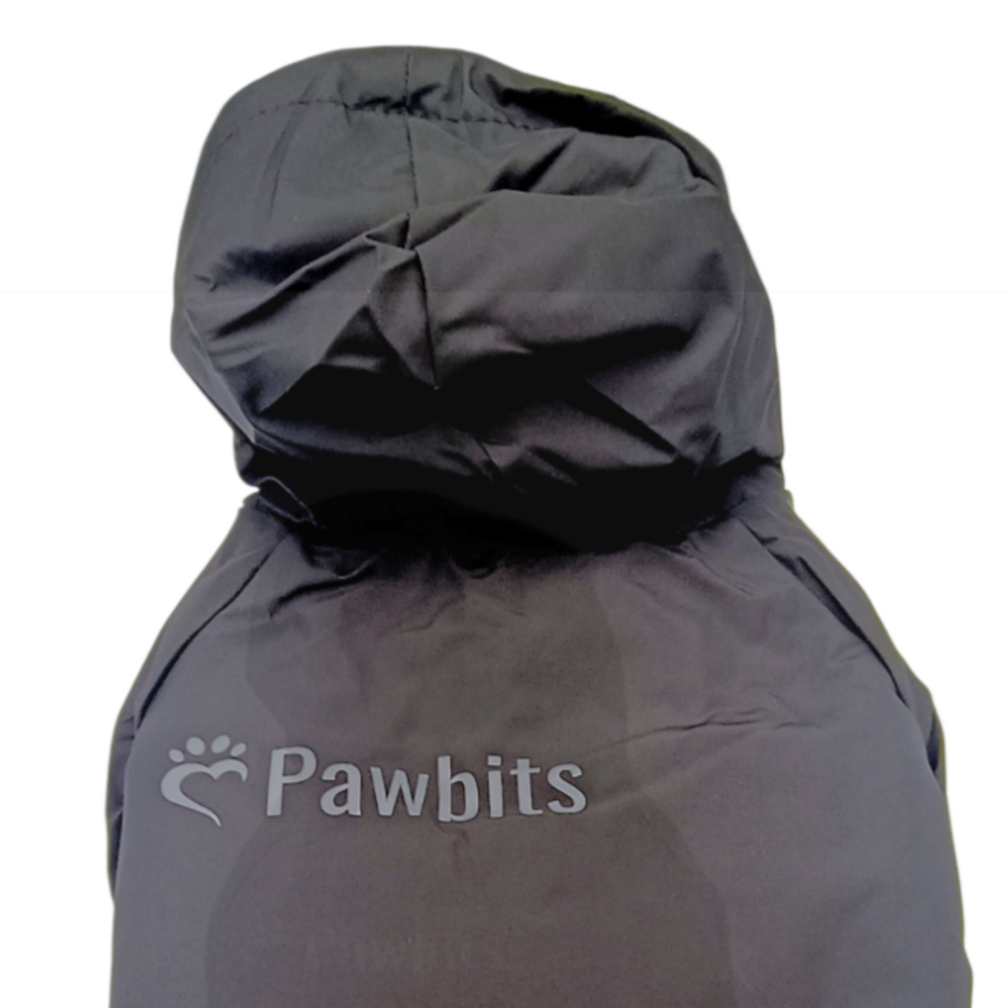 Black dog vest with a hood on a white background, branded 'Pawbits'.