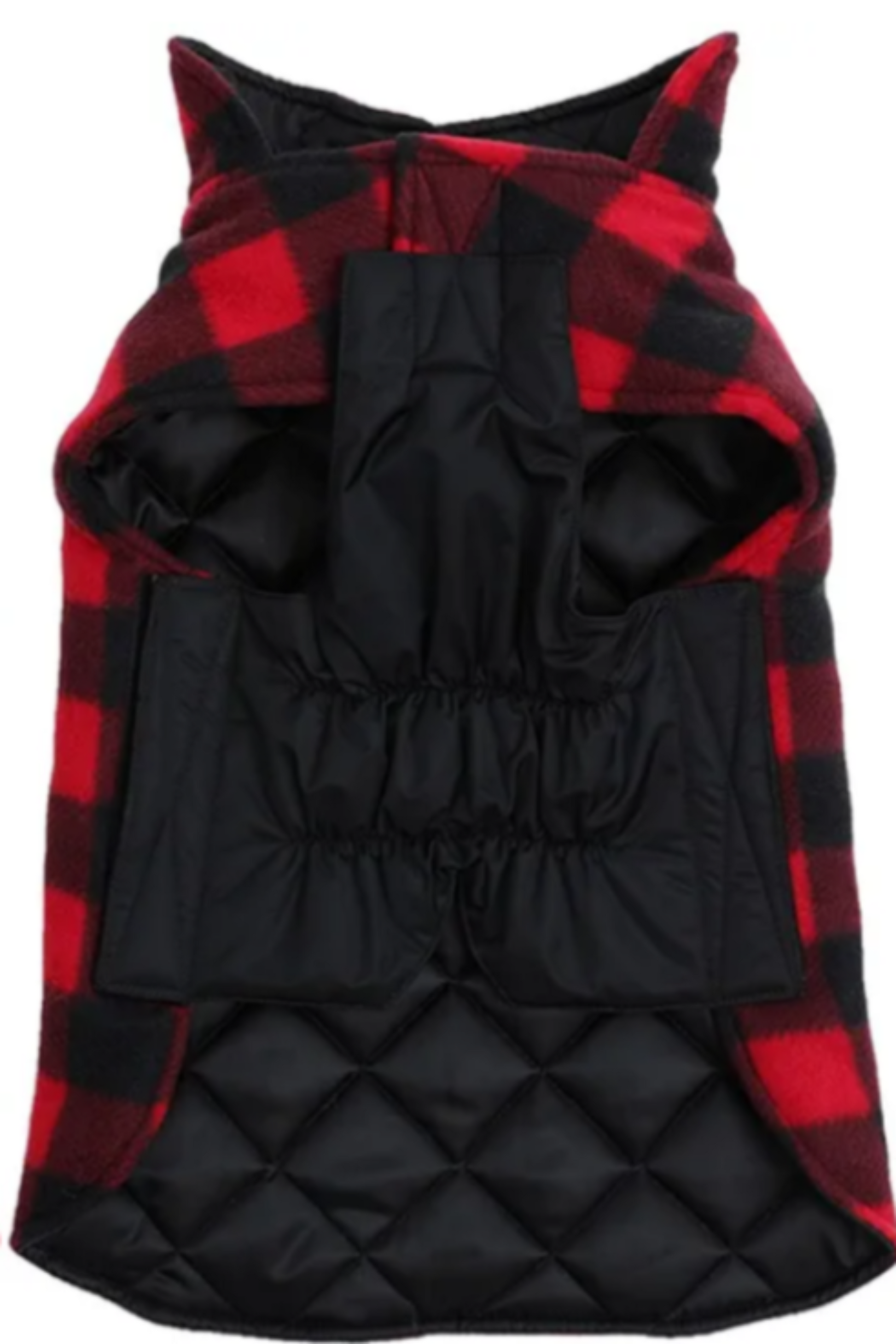 Dog coat with red and black plaid pattern and hood