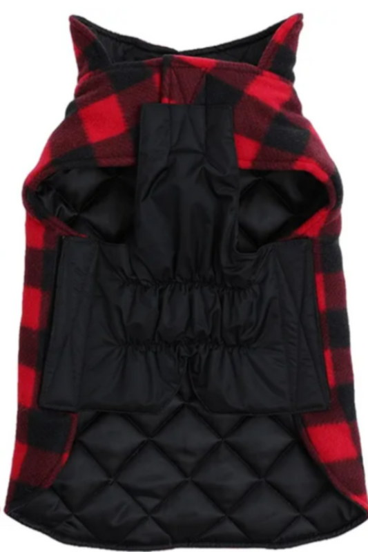 Dog coat with red and black plaid pattern and hood