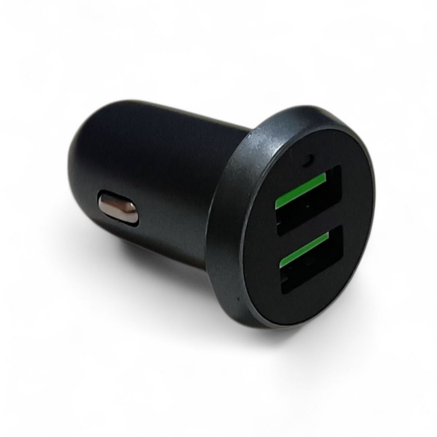 Black car charger with dual USB ports on a white background