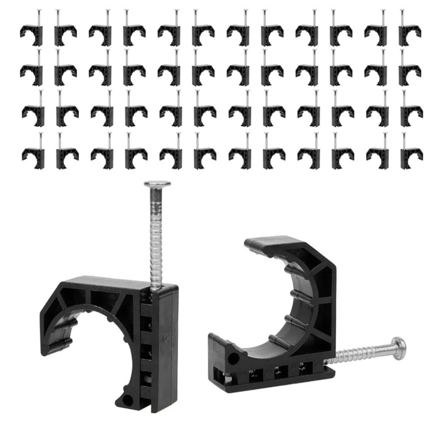 Two black clamps with screws on a white background