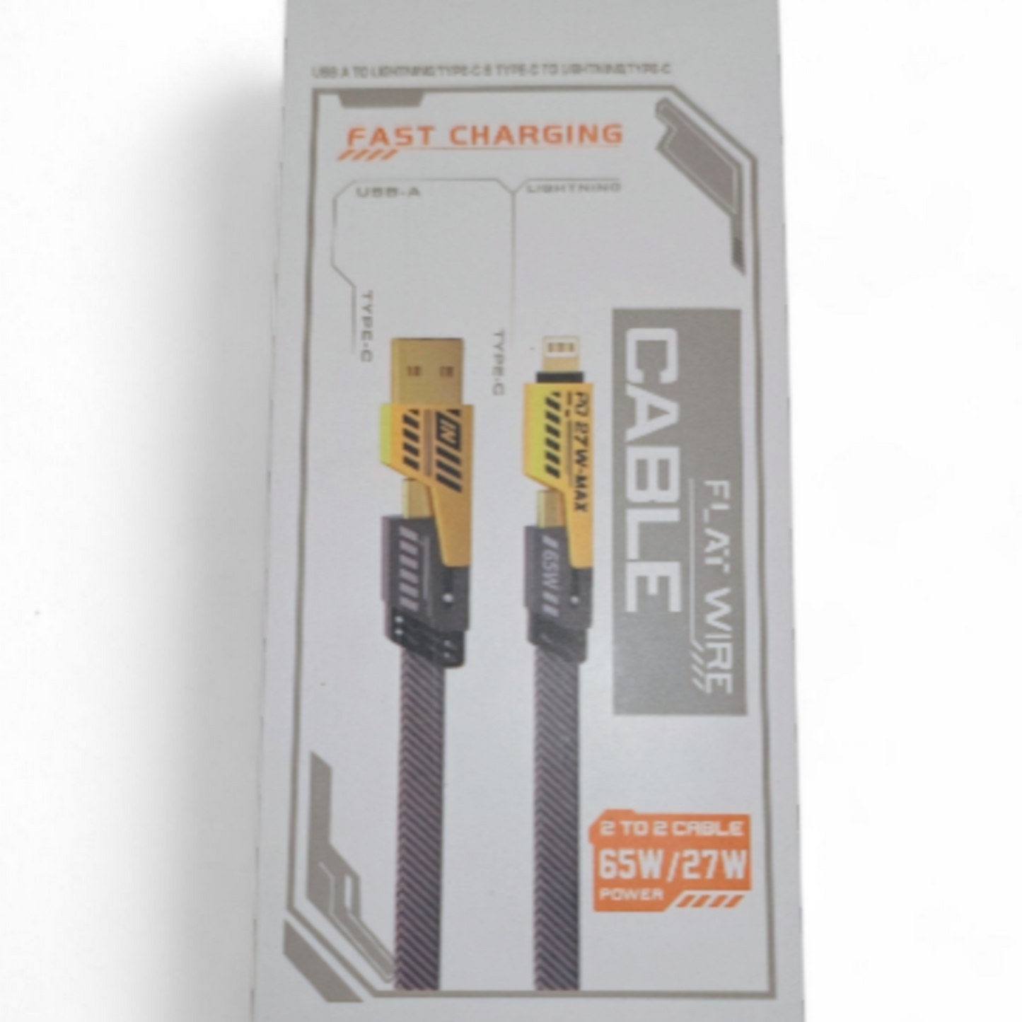 Boxed USB cable with charging information on a white background