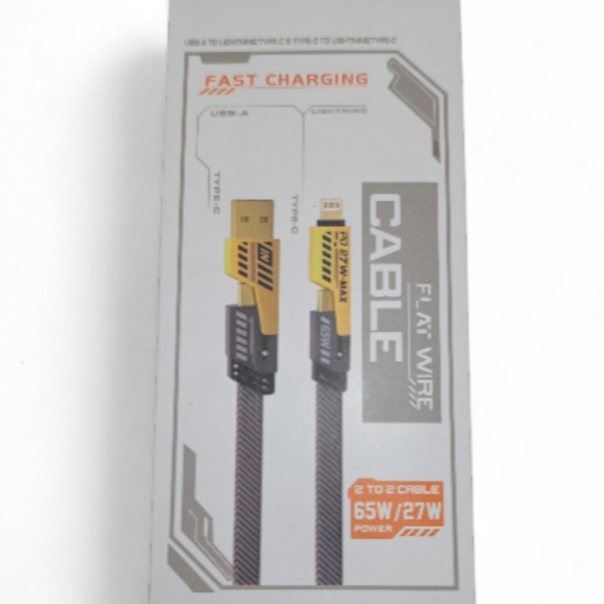 Boxed USB cable with charging information on a white background