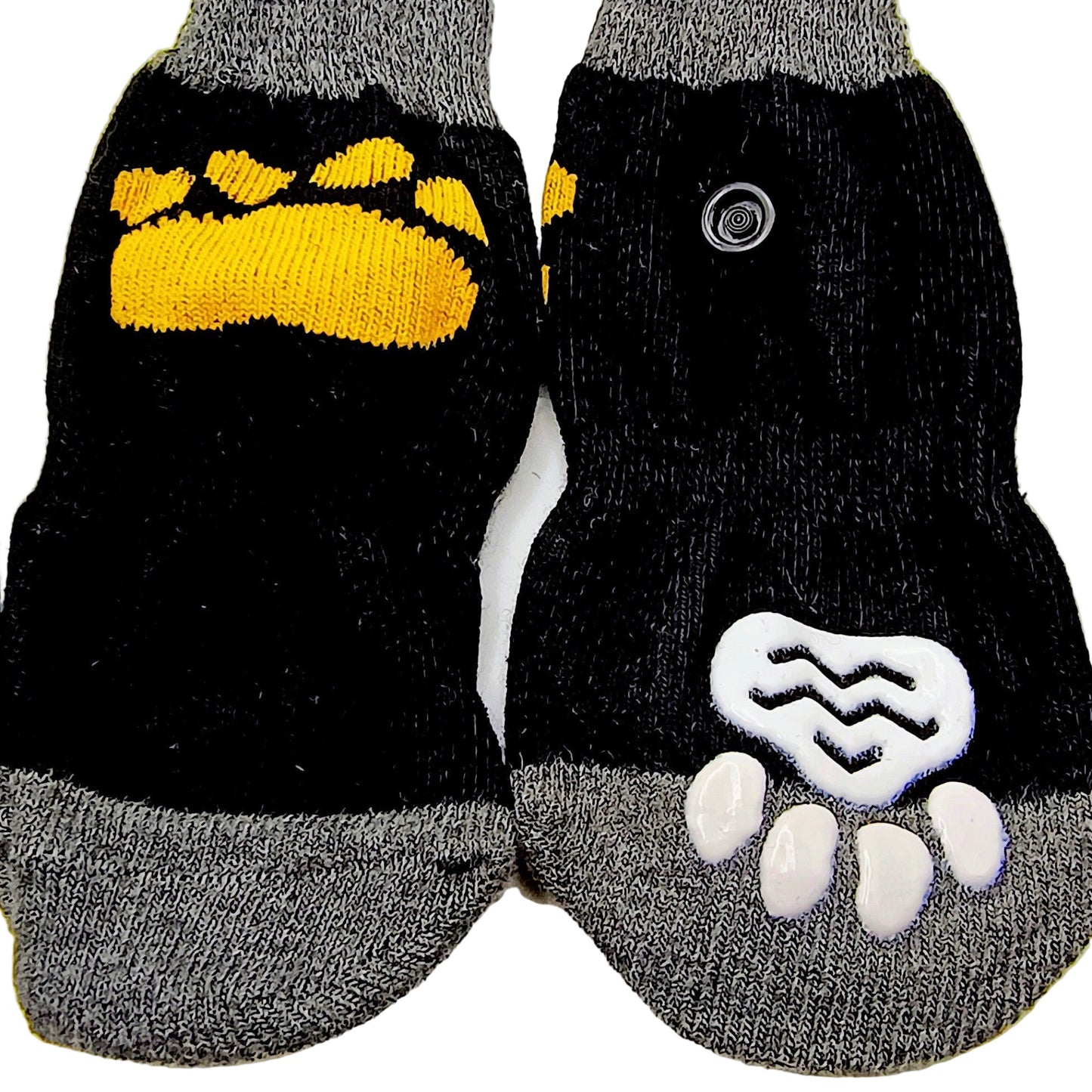 Pair of black and gray socks with paw prints on a white background