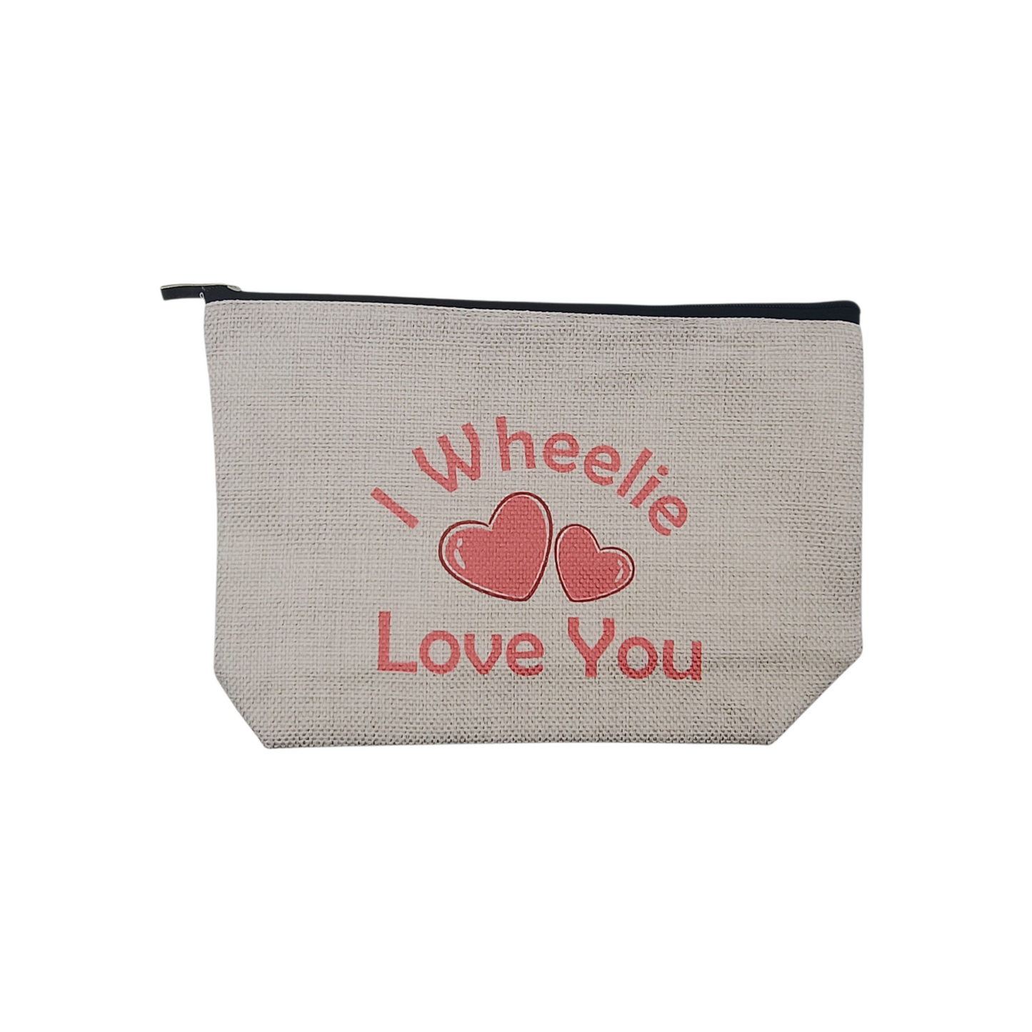 Beige pouch with 'I Wheelie Love You' text and heart graphics on a white background