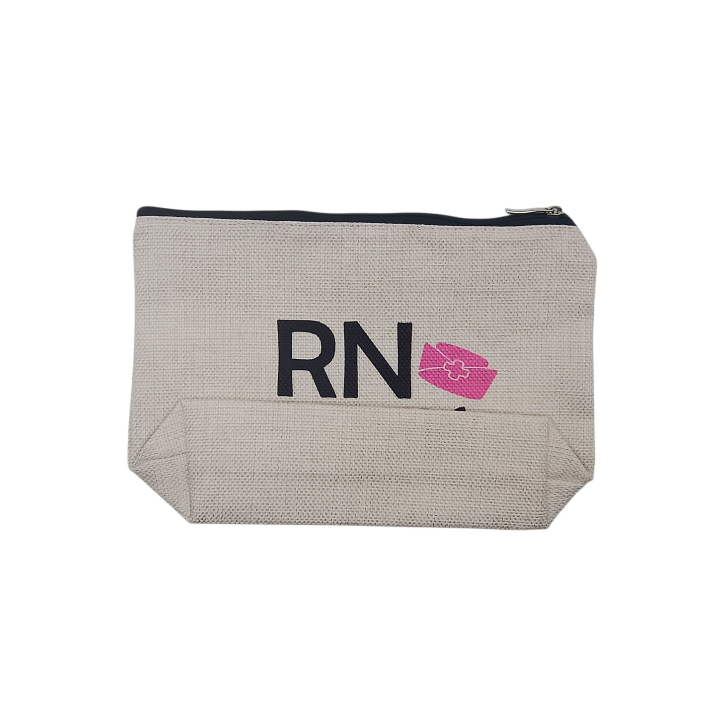 Beige pouch with 'RN' and a pink heart design on a white background