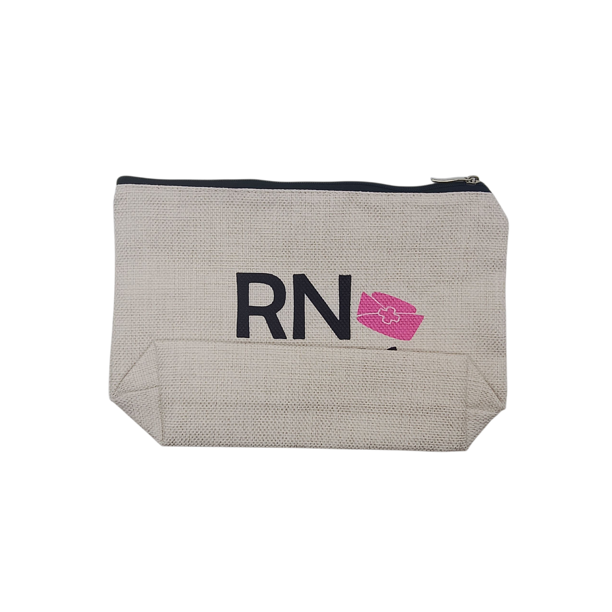 Beige pouch with 'RN' and a pink heart design on a white background