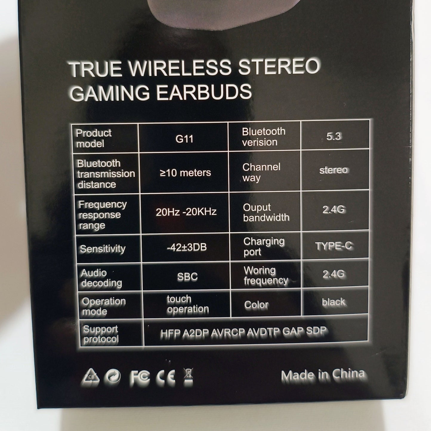 Box of True Wireless Stereo Gaming Earbuds with specifications on a white background