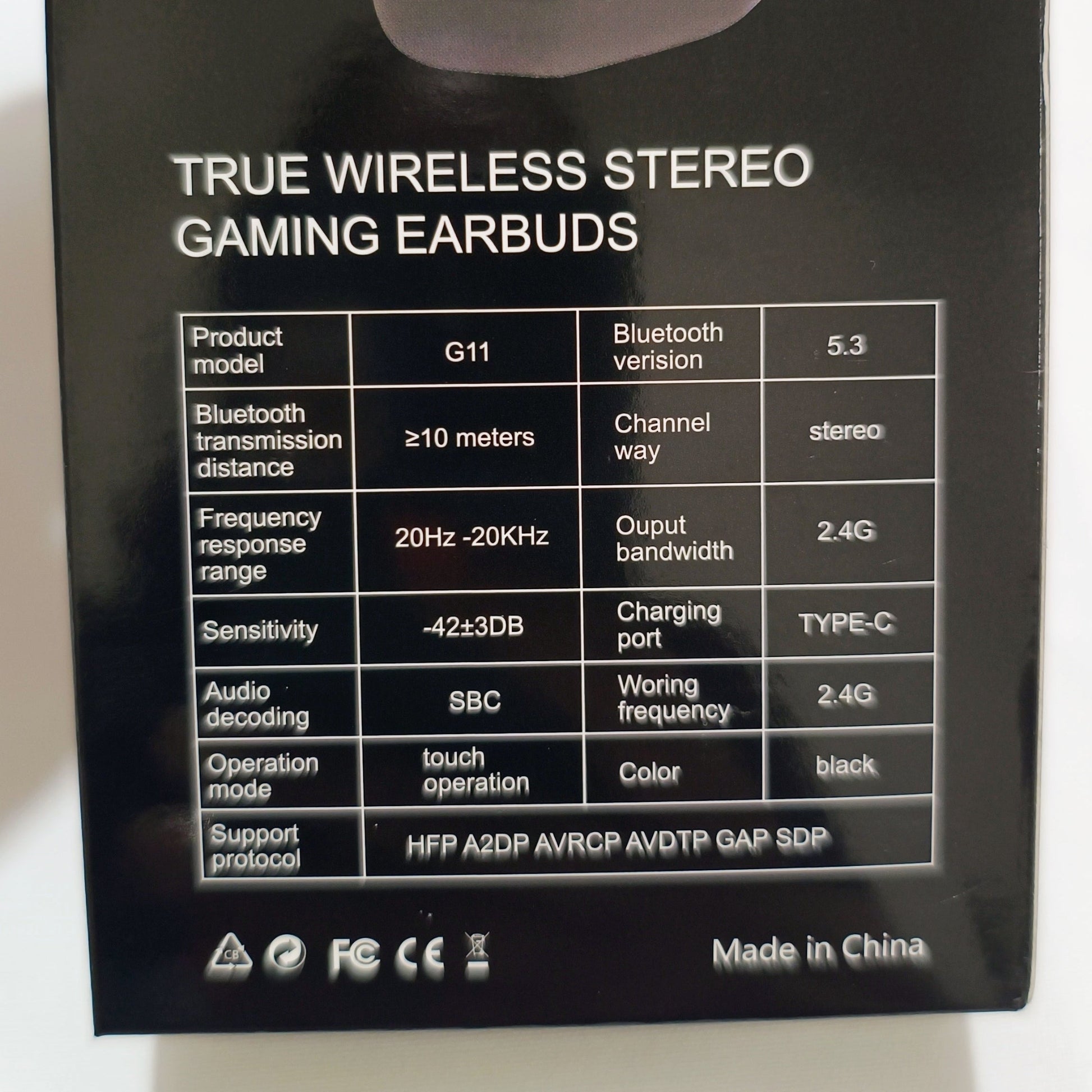 Box of True Wireless Stereo Gaming Earbuds with specifications on a white background