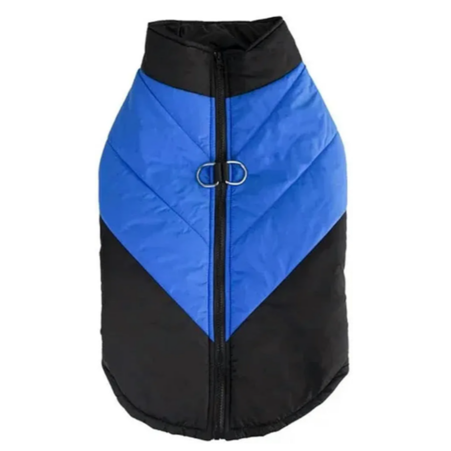 Black and blue quilted dog coat on a white background