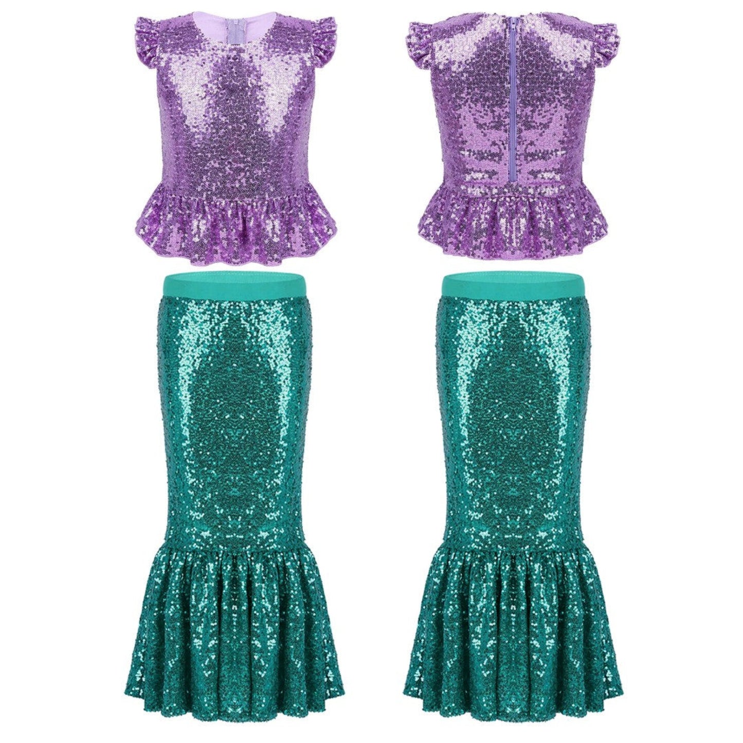 Two sequined outfits with purple tops and teal mermaid tails on a white background
