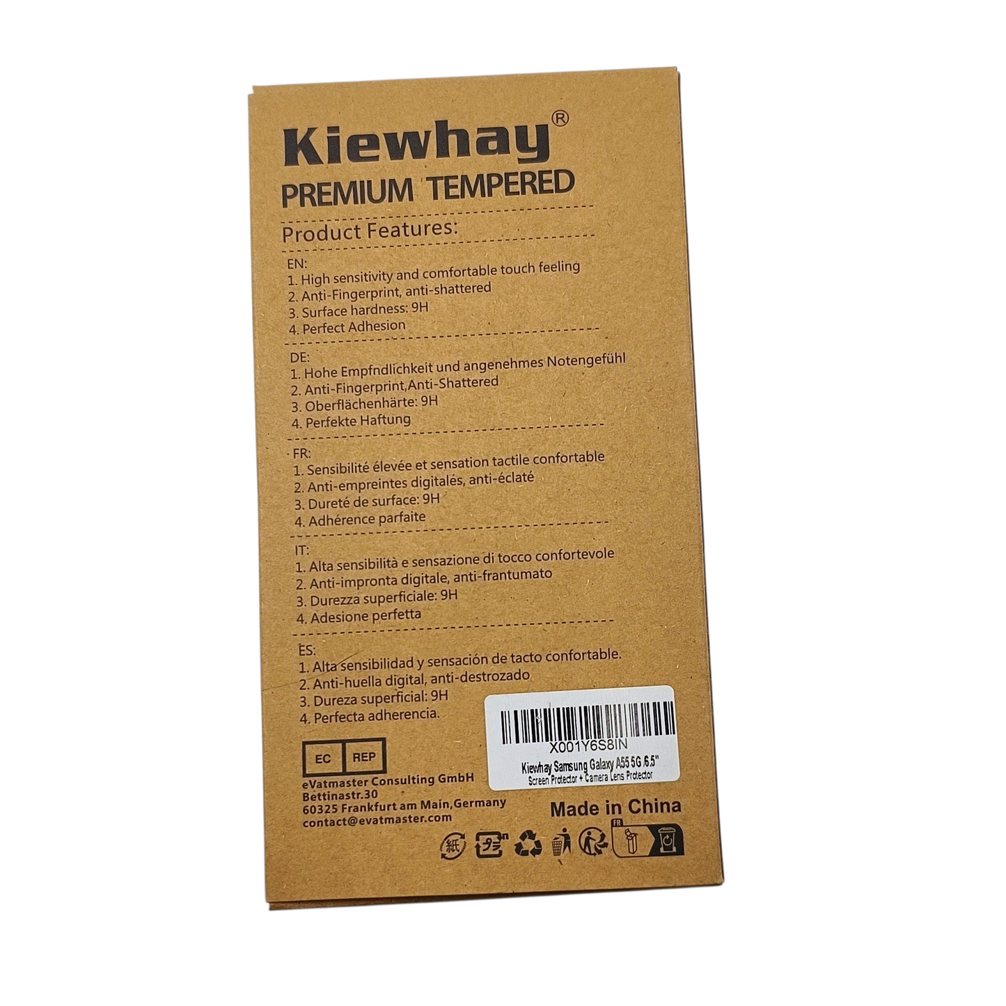 Kiewhay premium tempered product packaging with text and barcode on a white background