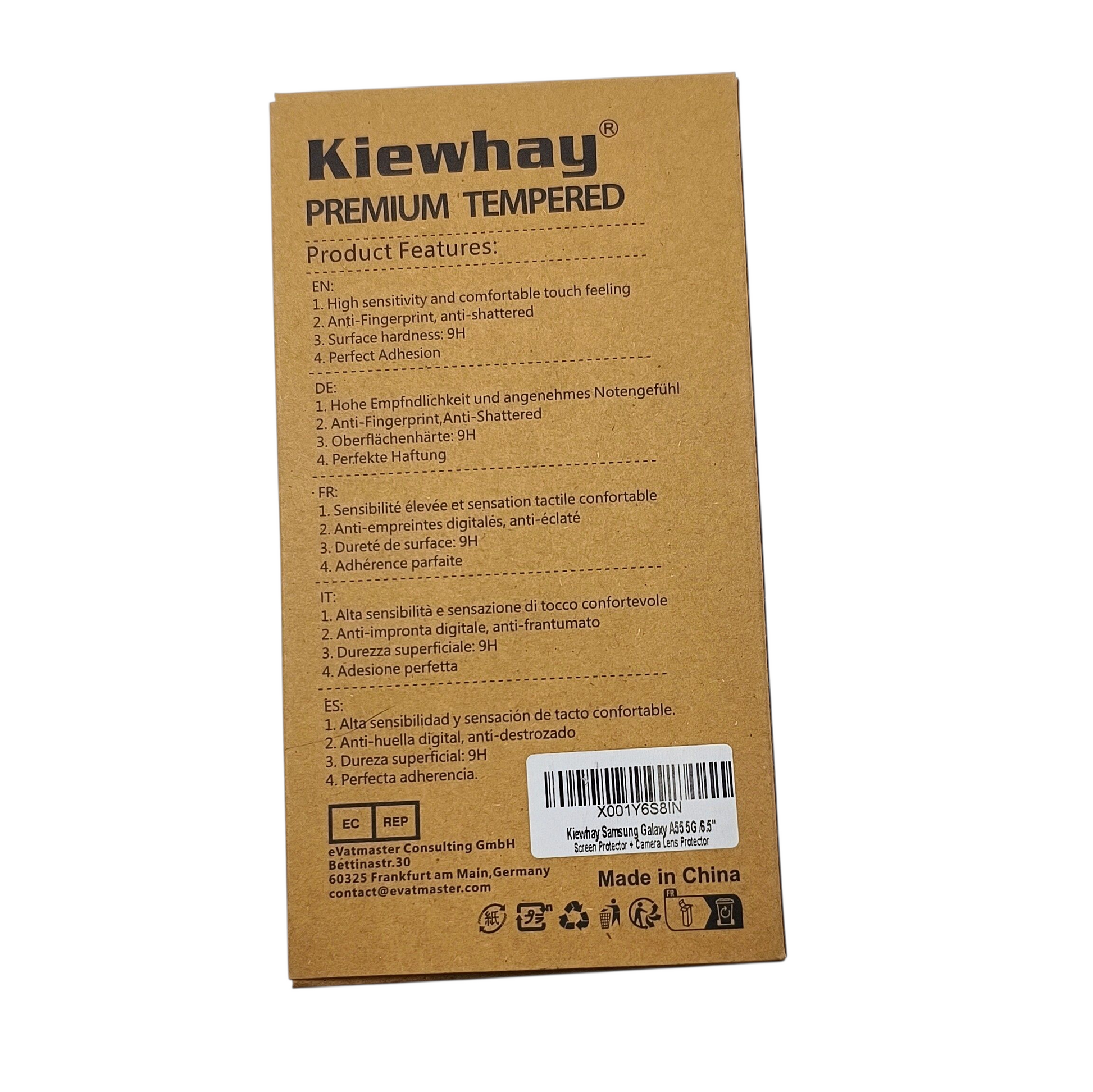 Kiewhay premium tempered product packaging with text and barcode on a white background