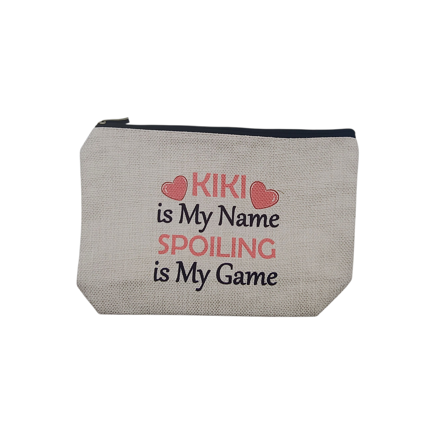Gray pouch with text 'KIKI is my name, SPOILING is my game' on a white background