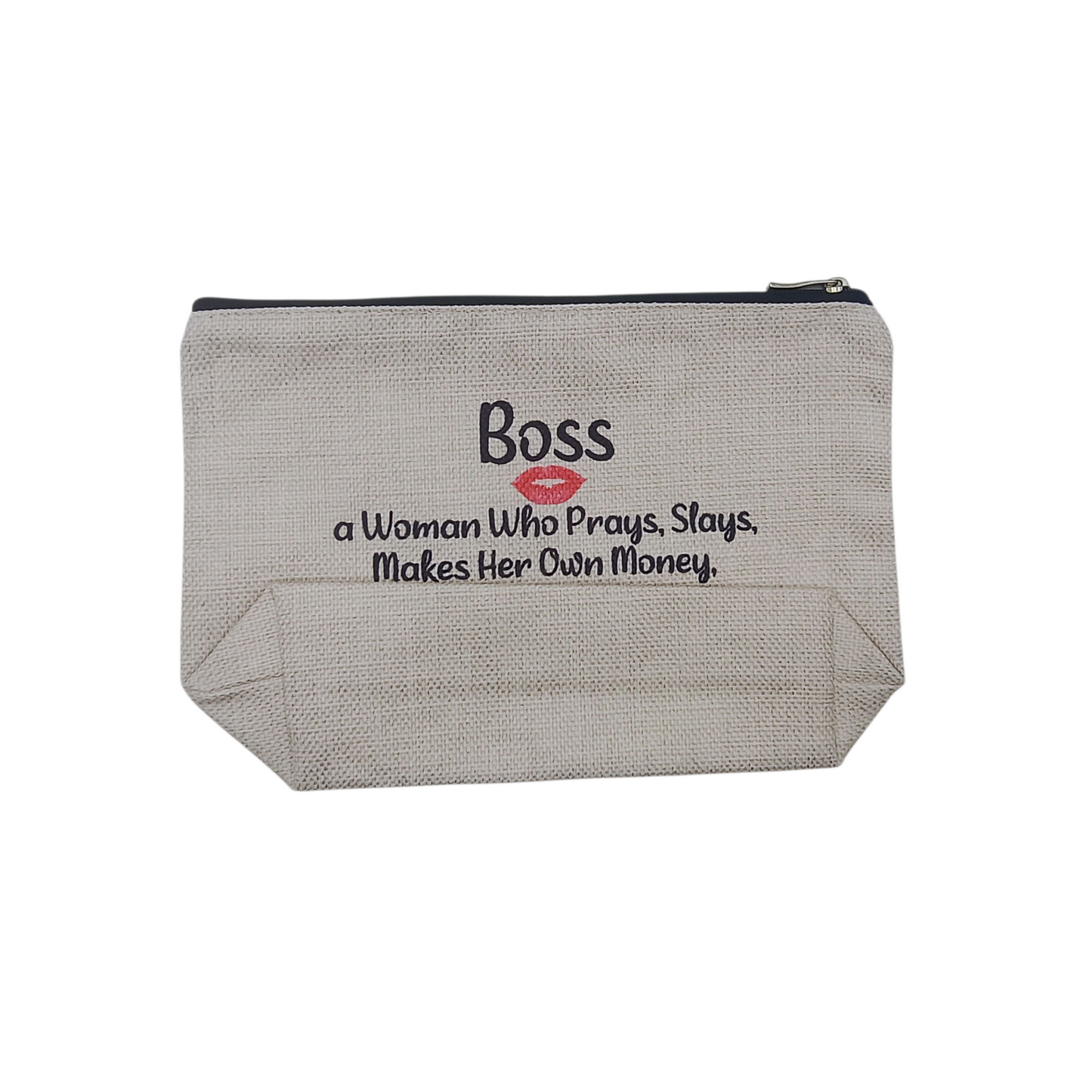 Gray pouch with motivational quote and red lipstick mark on a white background