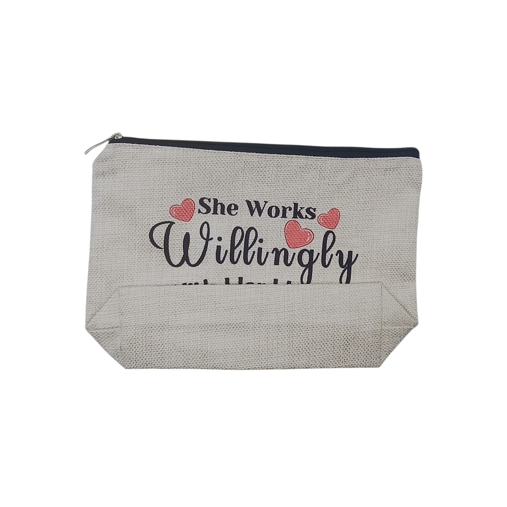 Gray pouch with 'She Works Willingly' text and hearts on a white background