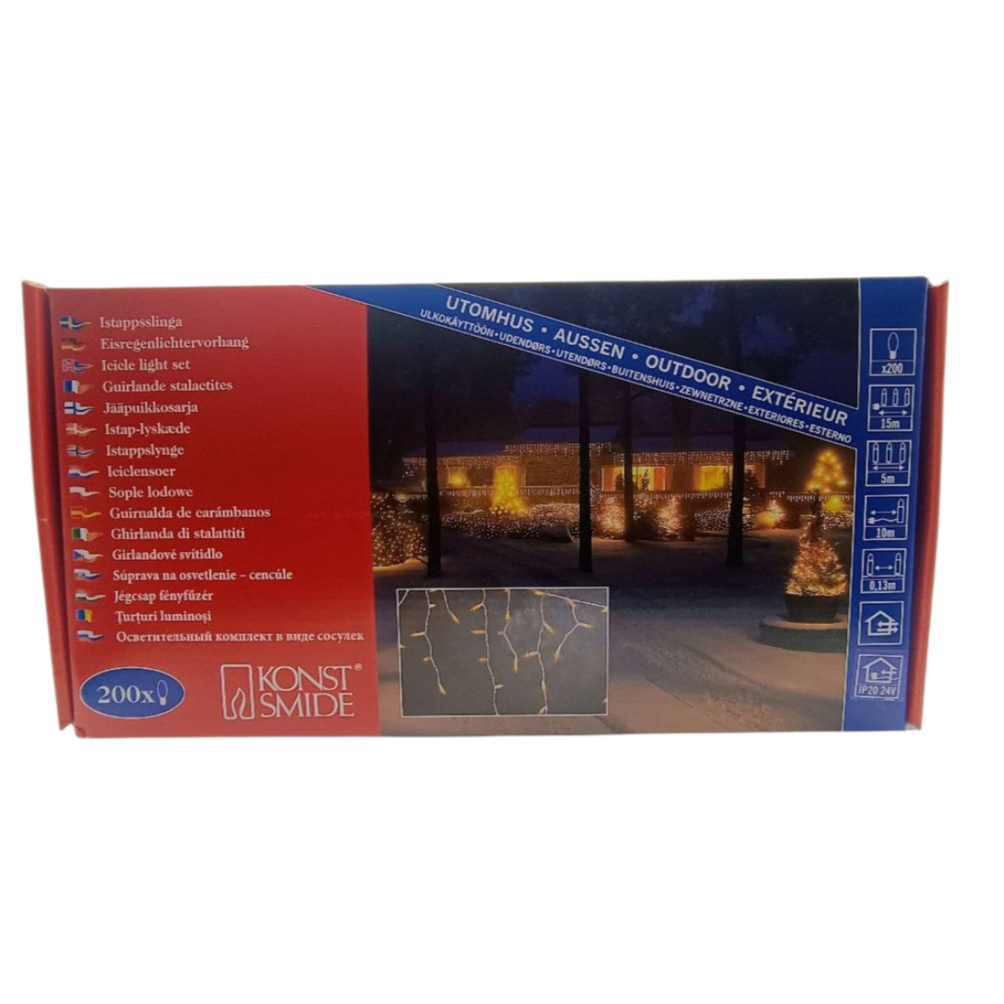 Konstsmide outdoor lighting set packaging with images of lights and text on a white background