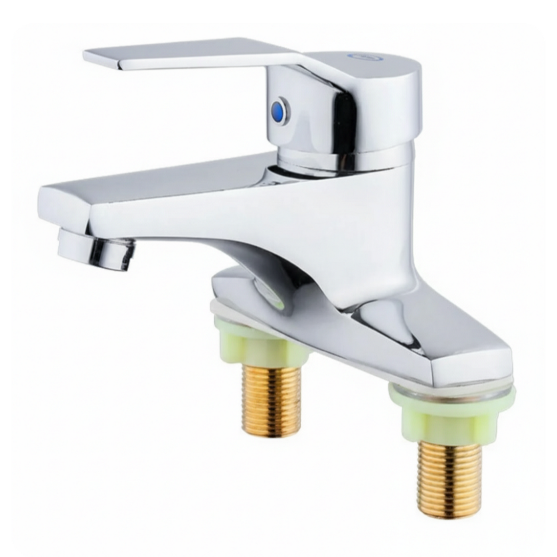 Chrome faucet with brass connectors on a white background