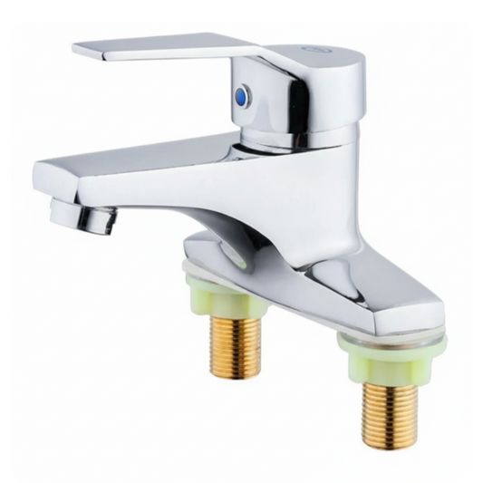 Chrome faucet with brass connectors on a white background