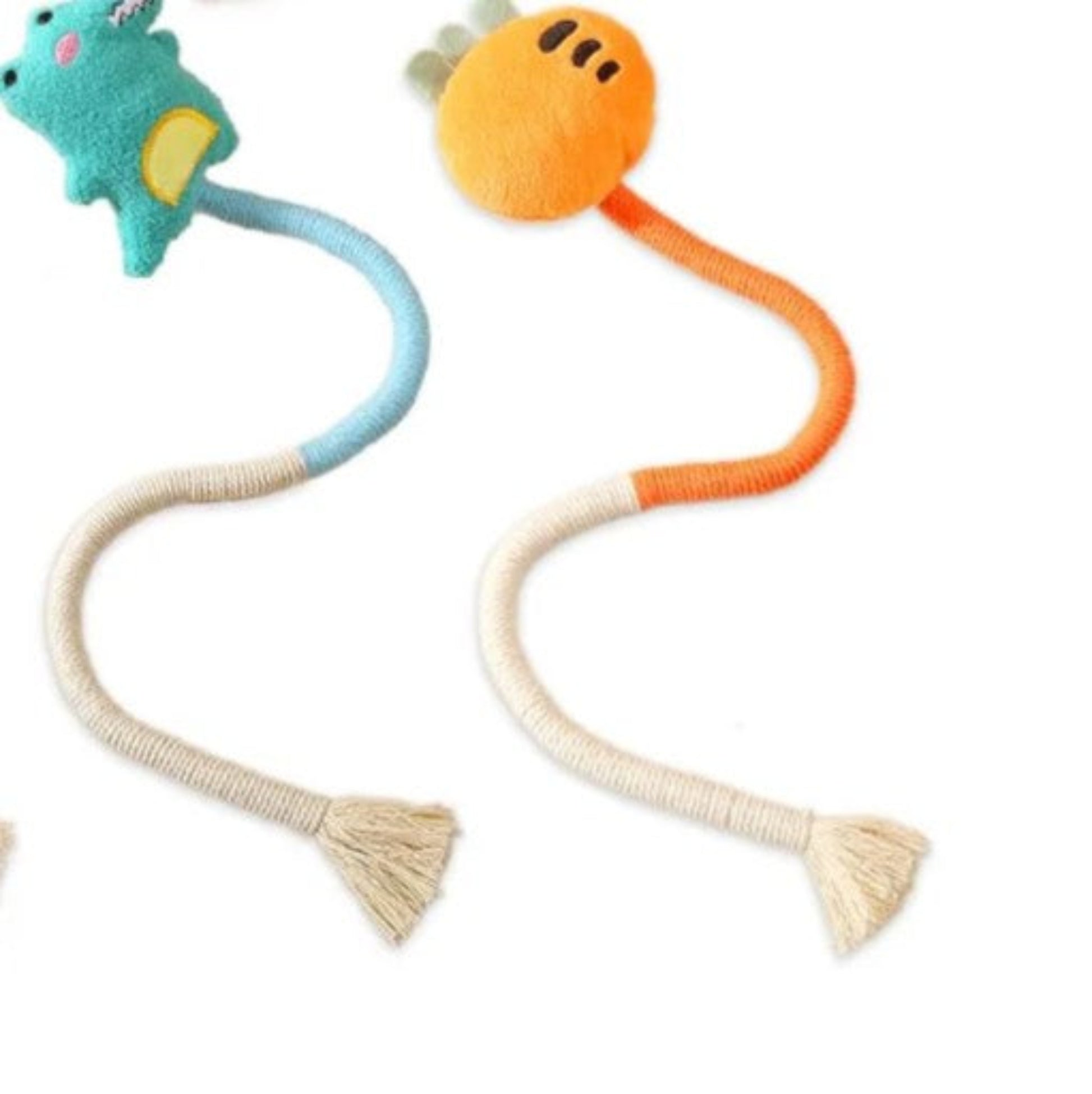 Two colorful plush toys with long strings on a white background