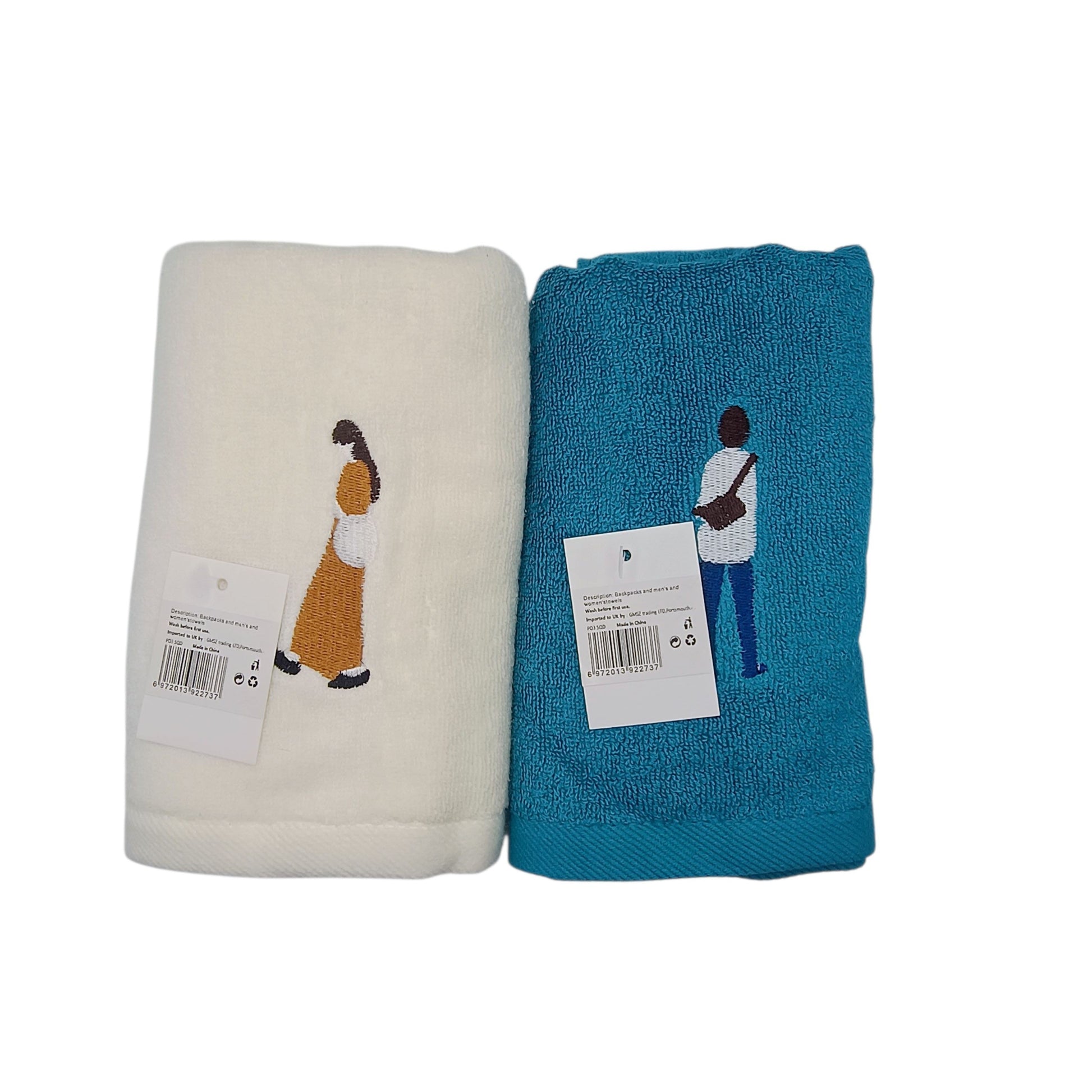 Two folded towels, one white and one blue, with embroidered designs on a white background.
