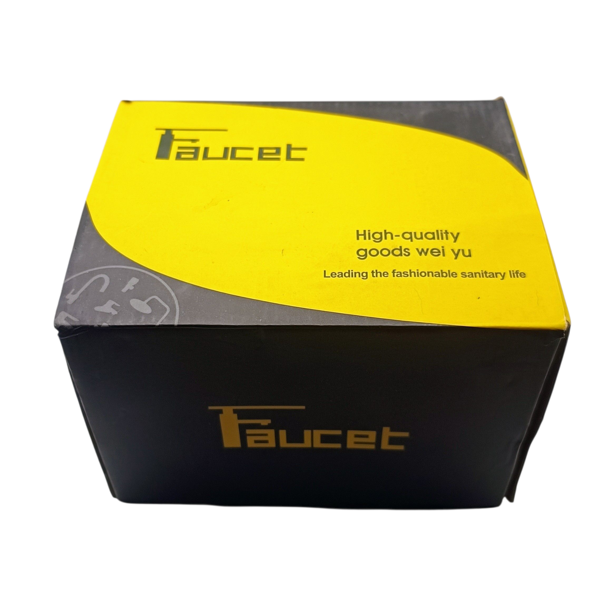Yellow and black box with 'Faucet' branding on a white background